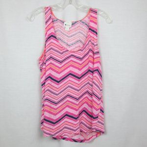 Stylus Tank Top Pink Navy Peach Fuchsia Chevron Print Semi Sheer Stretch Size XL